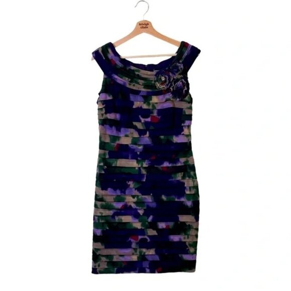 Adrianna Papell Shutter Pleated Sheath Dress with Flowers in Purple Floral SZ 14 - Picture 1 of 7